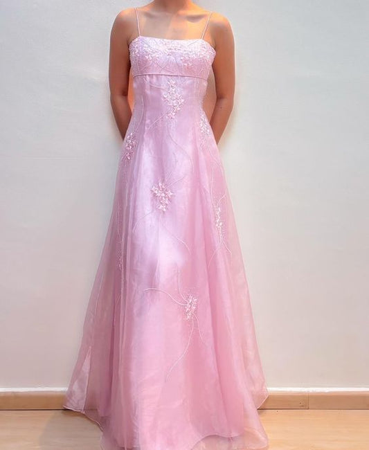 Pink Fashion Elegant Exquisite Beaded Spaghetti Straps Long Tulle Satin Prom Dress Evening Dress Party Dress Graduation Dress gh3487