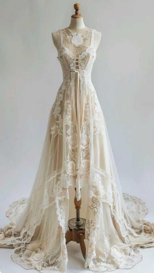 girlhomeshops - Robe de mariée nude en dentelle et tulle, sans manches, longue traîne, style vintage GH6333