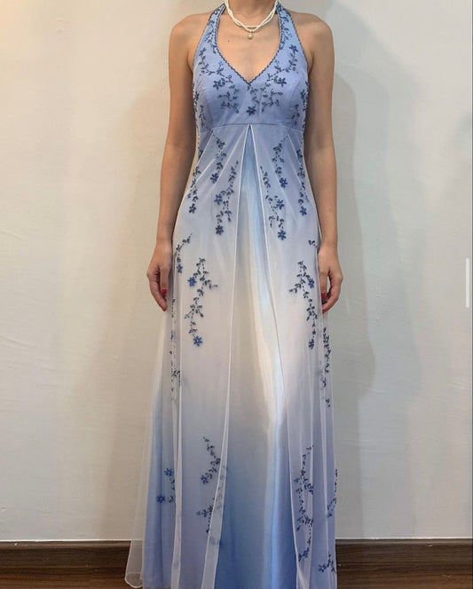 Girlhomeshops – Blau-weißes, exquisites, florales Trägerkleid, modisches, langes, bodenlanges Tüll-Ballkleid, Abschlussballkleid, gh5520