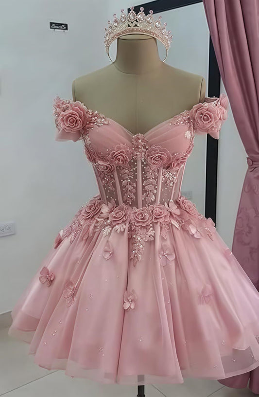 Girlhomeshops-Pink Floral Exquisite Beaded Short Tulle Homecoming Dress Prom Dress Birthday Party Dress gh5024
