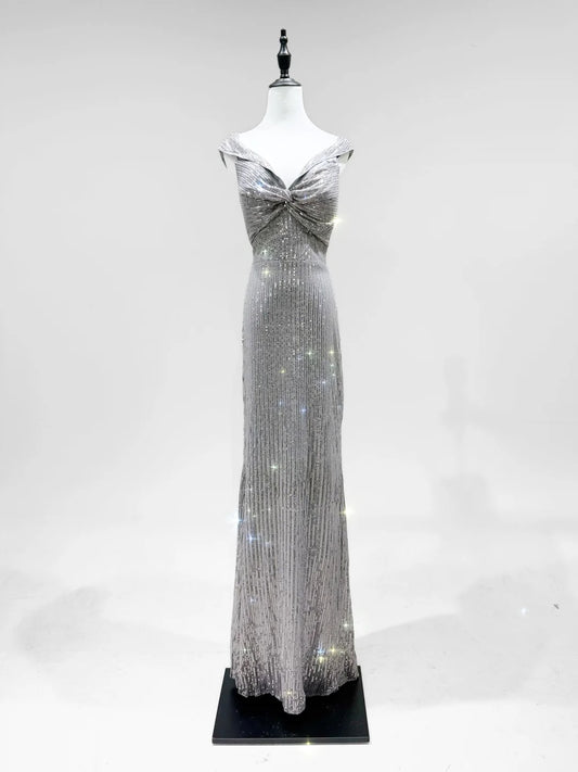 Girlhomeshops-Silber glänzende Mode Pailletten langes Ballkleid Geburtstagspartykleid gh5419