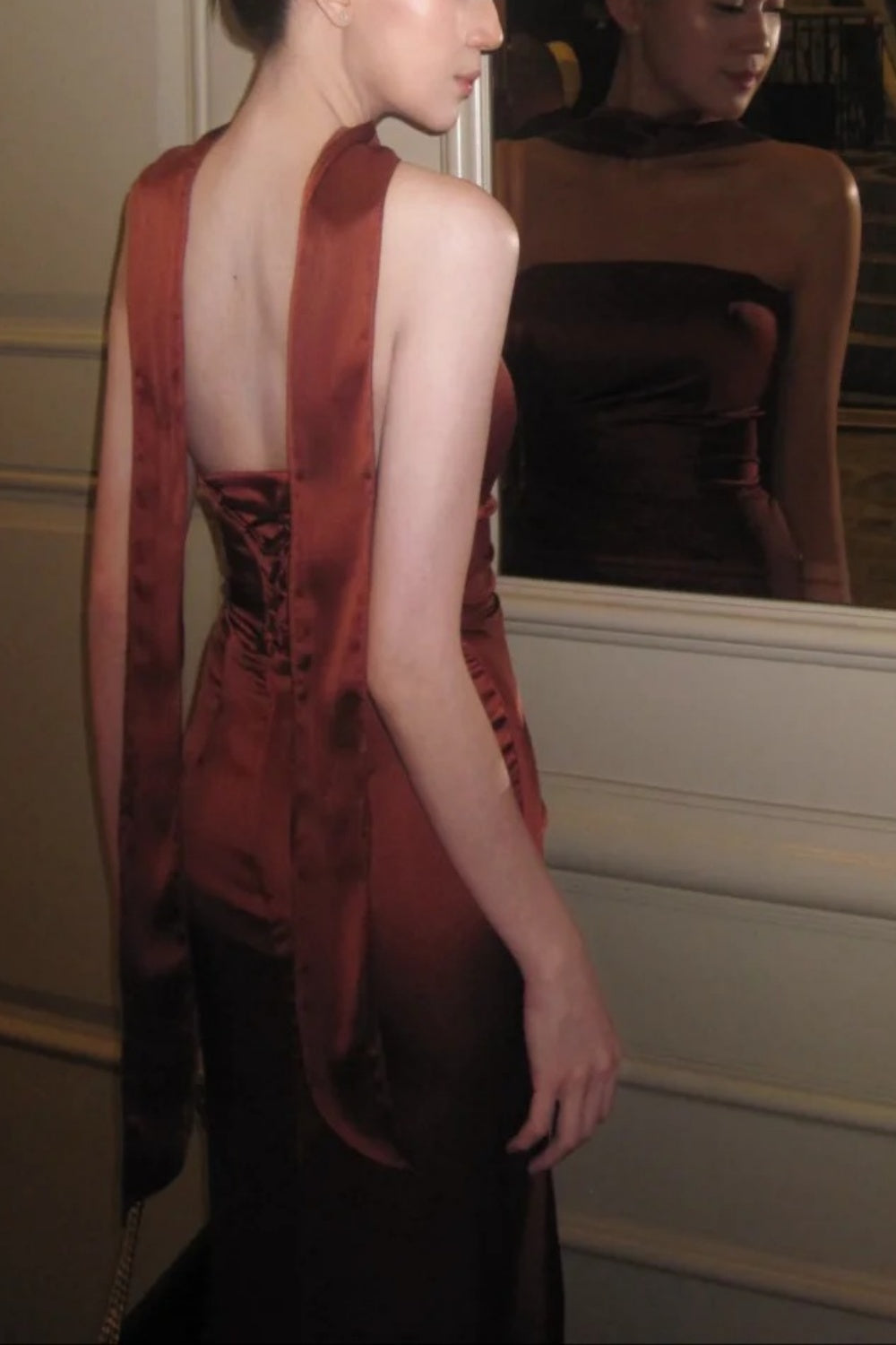 Caramel Brown Satin Halter Backless Slit Maxi Evening Dress gh6745