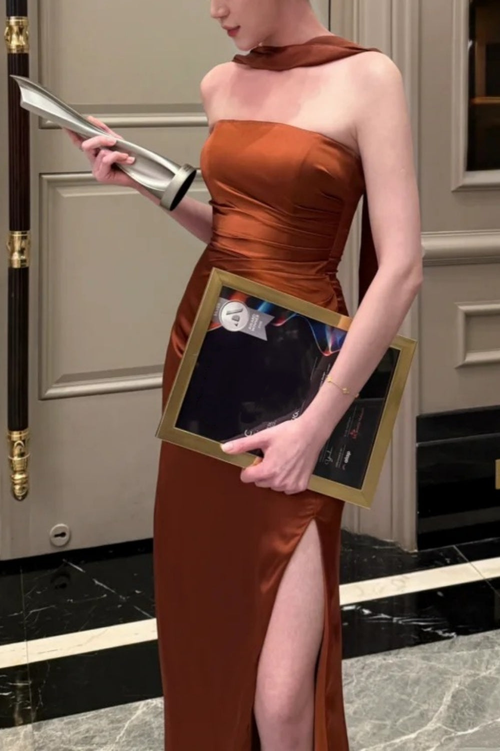 Caramel Brown Satin Halter Backless Slit Maxi Evening Dress gh6745