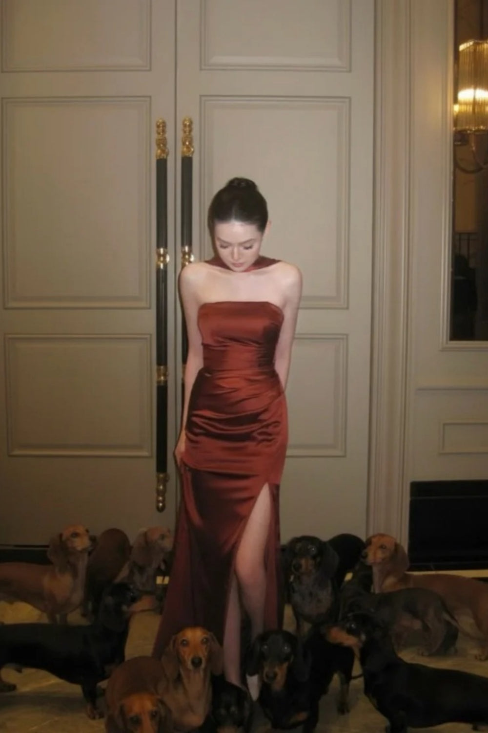 Caramel Brown Satin Halter Backless Slit Maxi Evening Dress gh6745