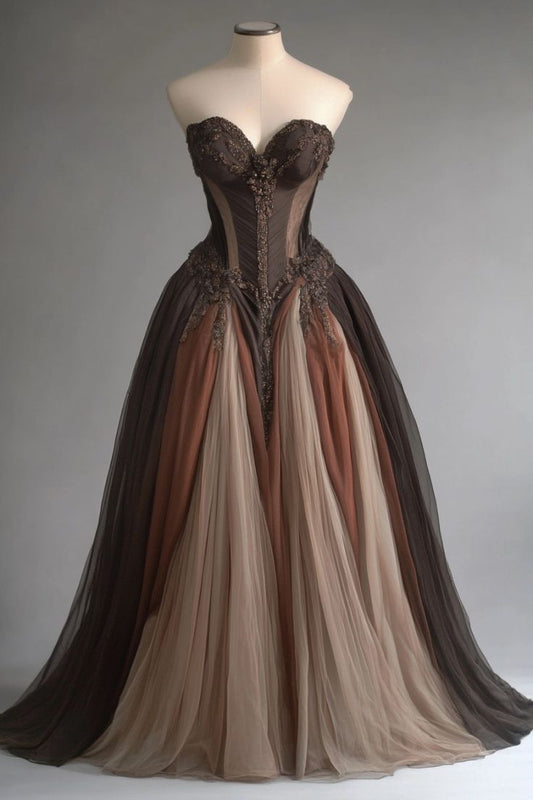 Robe de soirée élégante en tulle marron vintage avec appliques en dentelle et col en cœur, coupe trapèze, robe de mariée gh3399