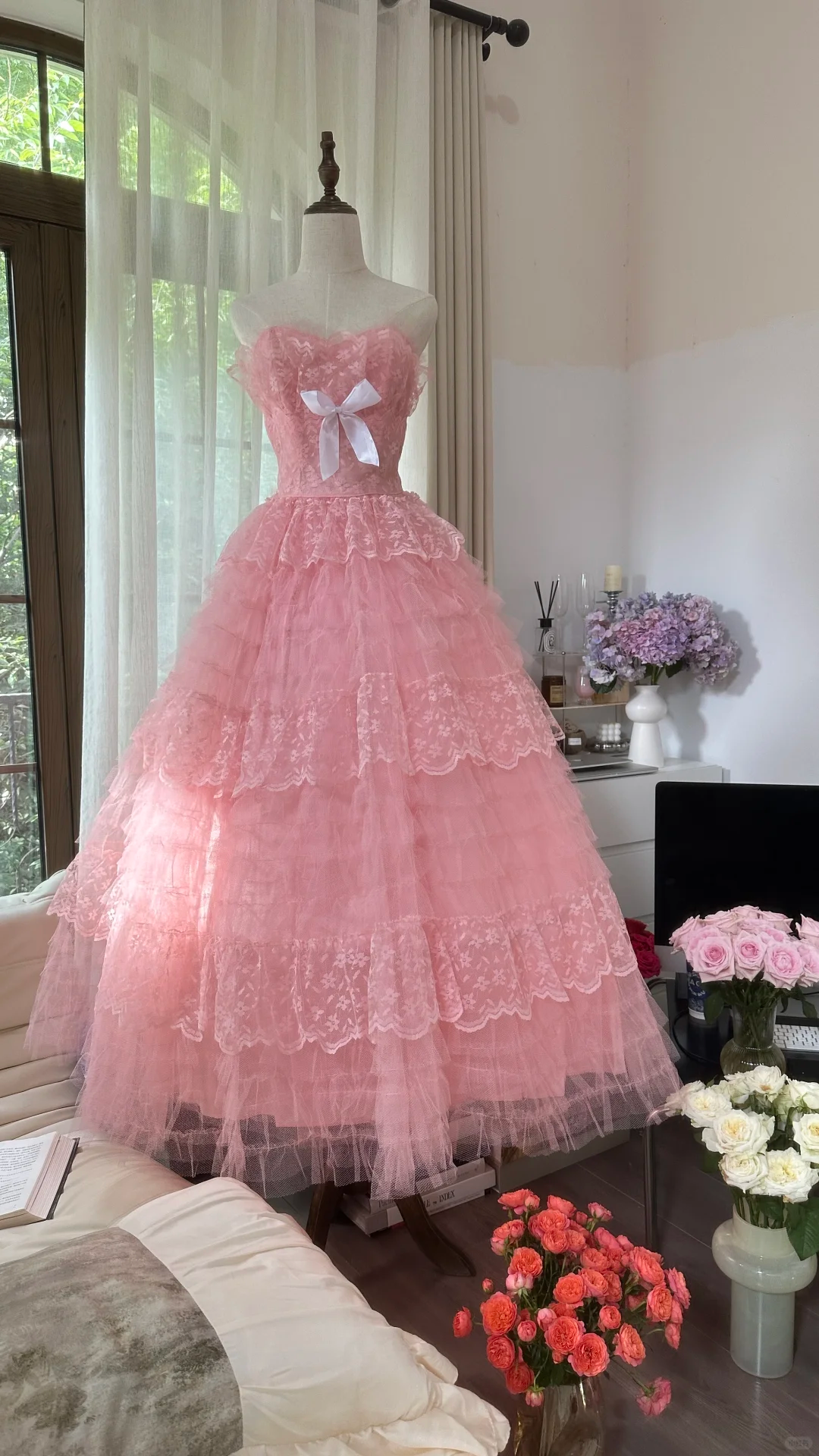 Robe de soirée princesse en tulle rose, élégante et exquise, avec nœud en dentelle, robe de bal, robe d'anniversaire, robe de cérémonie pour adulte, gh4033