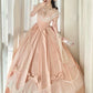 Peach Pink Satin Off-the-shoulder Lolita Victorian Ball Gown: Satin Fabric, Lace Bow Trim, Retro Ballgown Silhouette, Tea Party Formal Dress gh6735