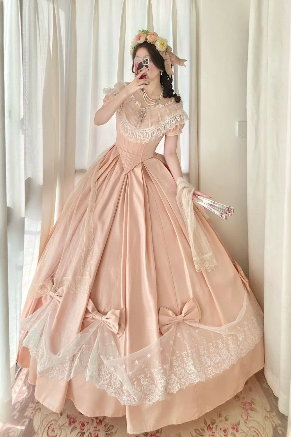 Peach Pink Satin Off-the-shoulder Lolita Victorian Ball Gown: Satin Fabric, Lace Bow Trim, Retro Ballgown Silhouette, Tea Party Formal Dress gh6735