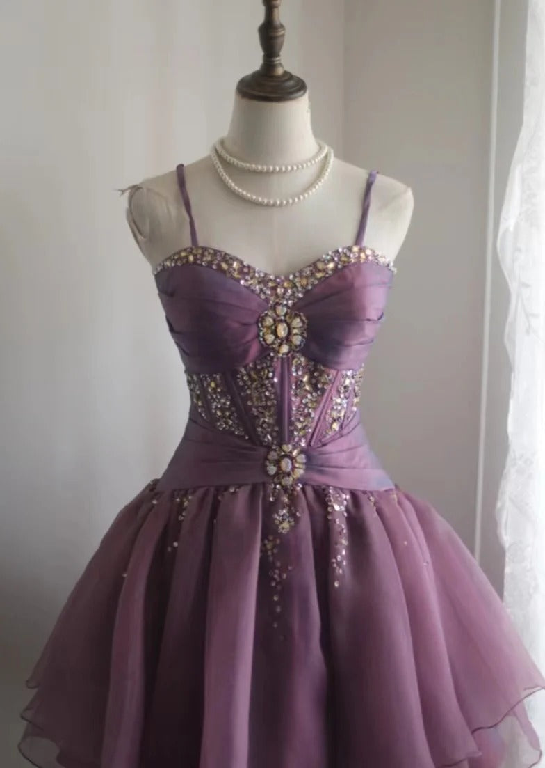 Purple retro palace puffy short homecoming dress princess dress taffeta satin organza handmade beaded adult ceremony birthday party gh4373