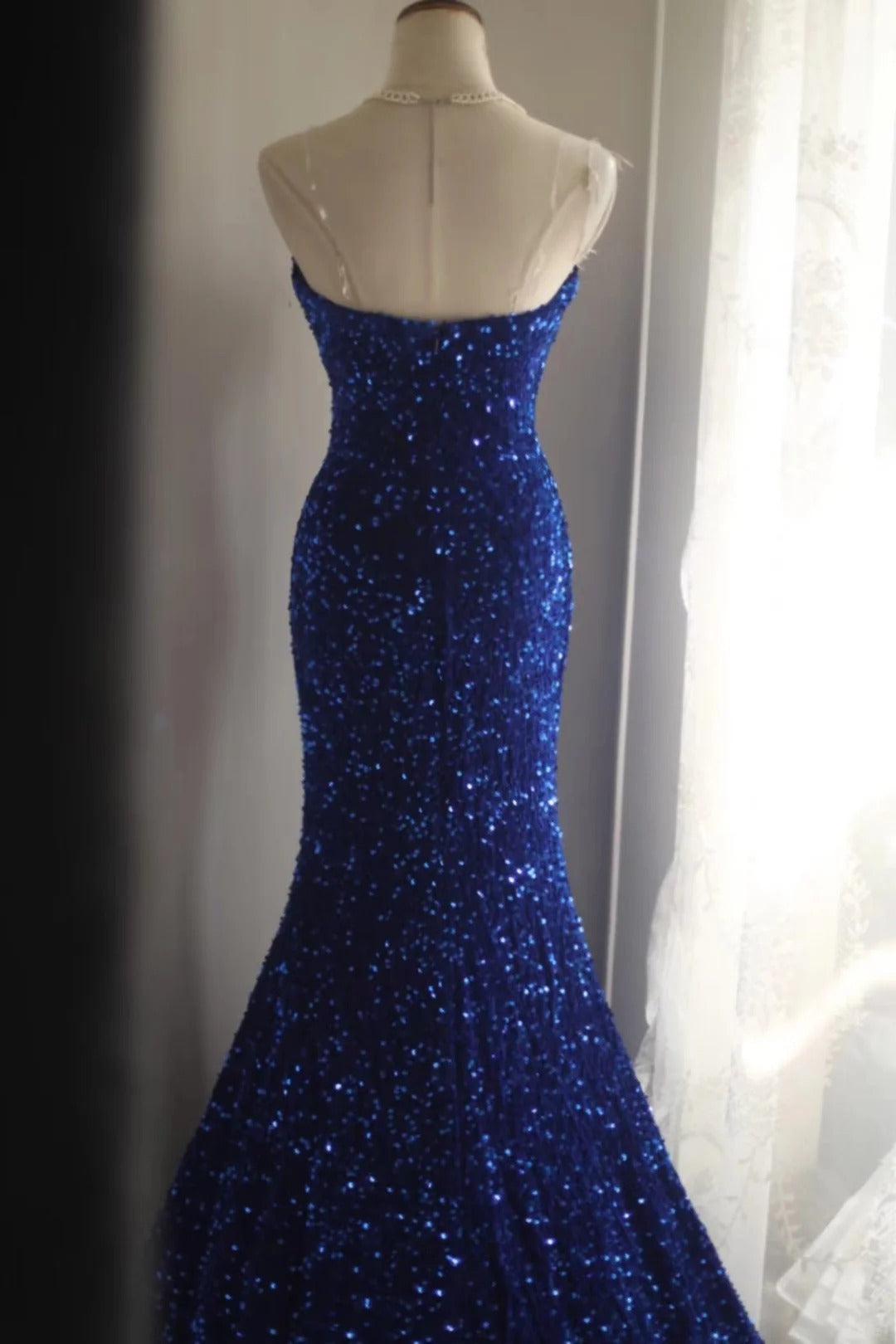 Robe de soirée bleu royal en queue de poisson, en velours, paillettes, perles, fente latérale, plissée, pour mariage, cérémonie, fête d'anniversaire, gh4326