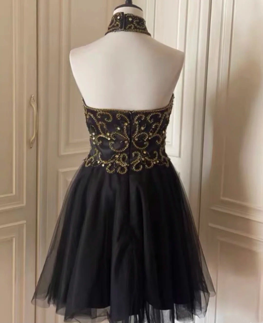 Black Gold Beaded Short Tulle Homecoming Dress Prom Dress Birthday Party Dress gh4848