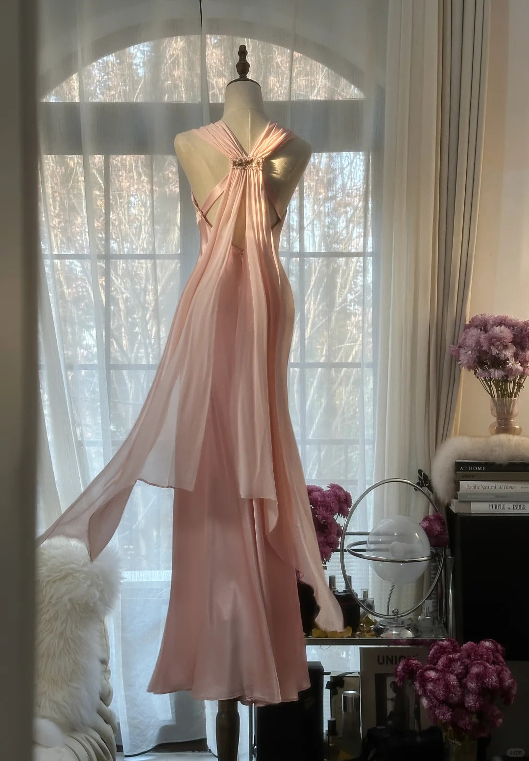 Pink Elegant Exquisite Rhinestone Long Satin Chiffon Ball Gown Evening Dress Party Dress Birthday Dress Date Dress gh4163