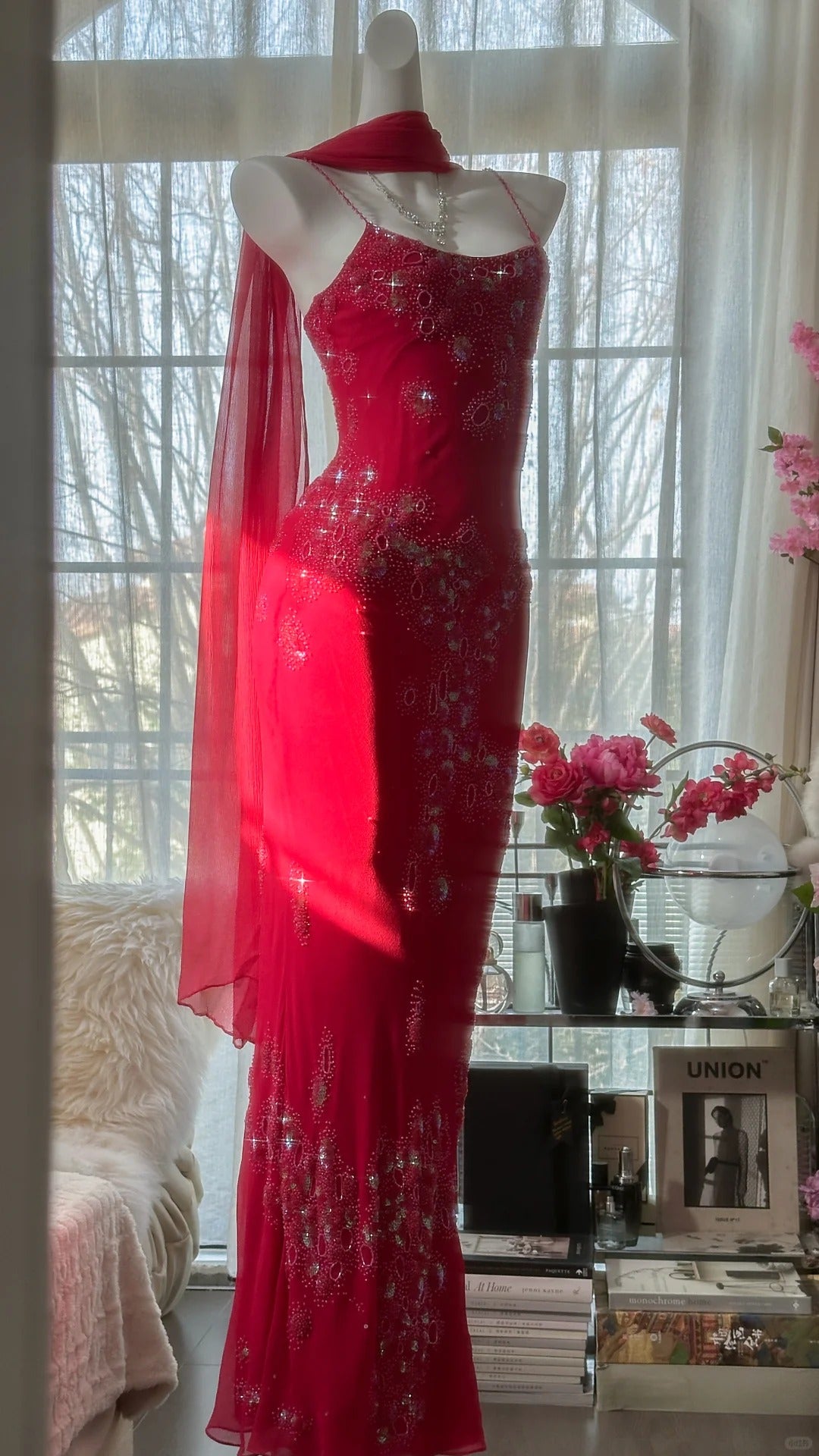 Red Romantic Gorgeous Fashion Elegant Exquisite Beaded Long Chiffon Ball Gown Evening Dress Birthday/Wedding Guest/Vacation Party Dress Prom Dress Valentine's Day Date Dress gh4027