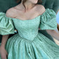 girlhomeshops-Green pearl beaded long satin short-sleeved princess dress long graduation dress gh5766