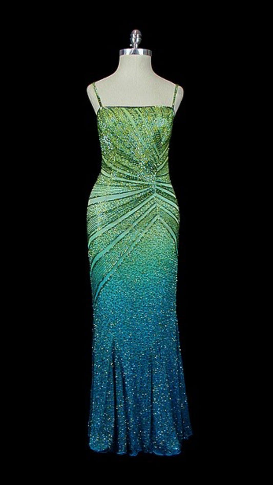 Girlhomeshops-Blue green shiny fashion gradient long exquisite beaded long chiffon Prom Dress evening dress party dress gh5131