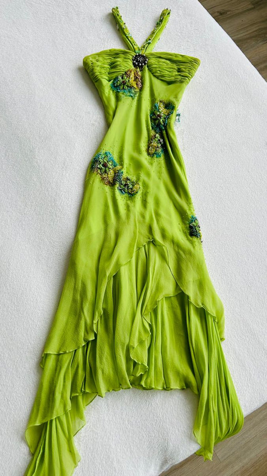 girlhomeshops-Green Beautiful Exquisite Floral Long Chiffon Birthday Dress Prom Dress Evening Dress gh5992