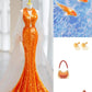 Robe de soirée élégante à manches longues en tulle et paillettes, magnifique, orange, brillante, sirène, slim, robe de bal, robe de soirée gh3386