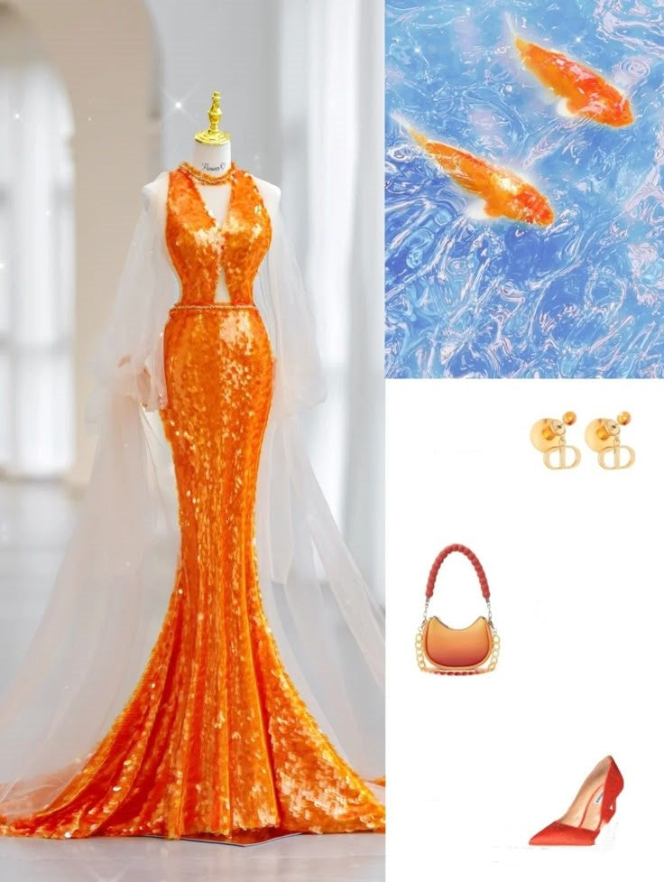 Robe de soirée élégante à manches longues en tulle et paillettes, magnifique, orange, brillante, sirène, slim, robe de bal, robe de soirée gh3386