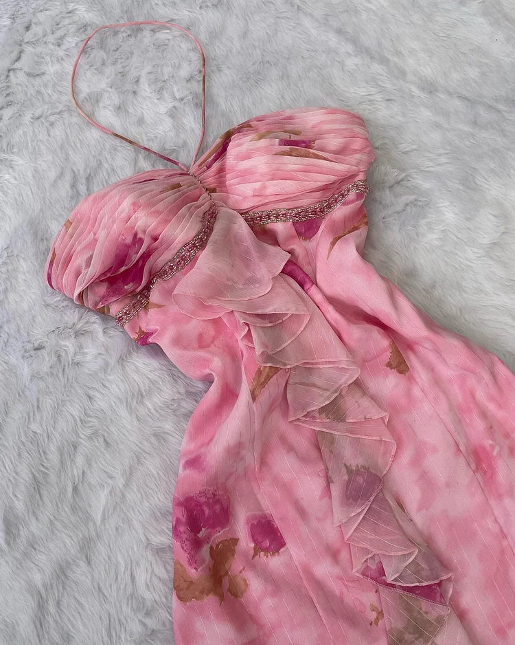 girlhomeshops-Pink Long Chiffon Dress gh6279