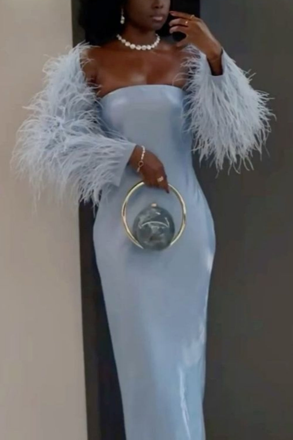 (Furless coat)Light Blue Satin Mermaid Gown | Luxury Elegant Off-Shoulder Floor-Length Dress for Gala Ball gh6477