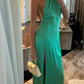 Green simple elegant fashion suspenders long satin slit sexy ball gown evening dress gh3366