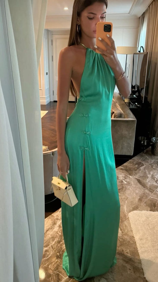 Robe de soirée sexy en satin vert simple et élégante avec bretelles longues et fentes gh3366