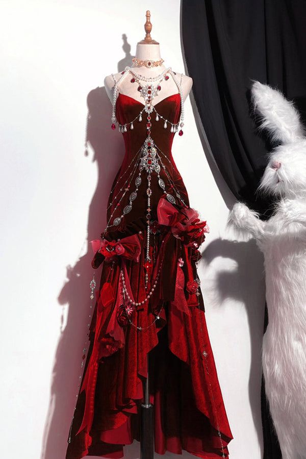 Blue/Burgundy Gorgeous Elegant Delicate Beaded Spaghetti Strap Long Ruffled Velvet Ball Gown Evening Gown Party Dress gh4169