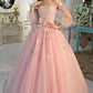 Pink delicate floral applique fairy long sleeves long tulle ball gown evening dress gh2279