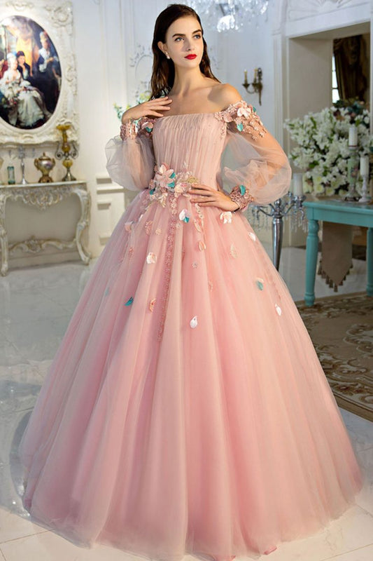 Robe de soirée longue en tulle à manches longues avec appliques florales délicates roses gh2279