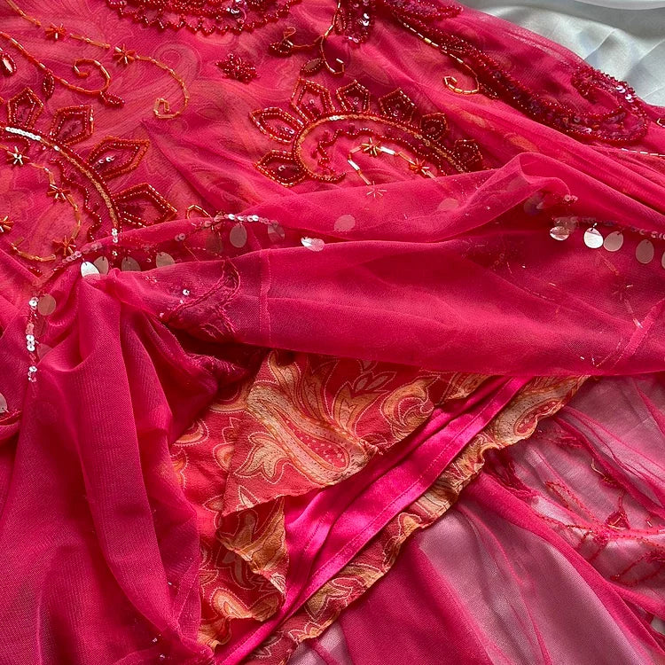 Red fashion elegant exquisite beaded spaghetti straps long ruffled chiffon ball gown evening dress party dress gh3477