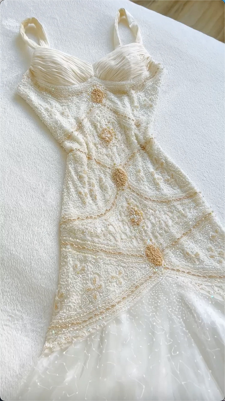 Robe de soirée longue en mousseline de soie, tenue de bal, luxueuse et brillante, style vintage, perles exquises, longueur cheville, gh3778