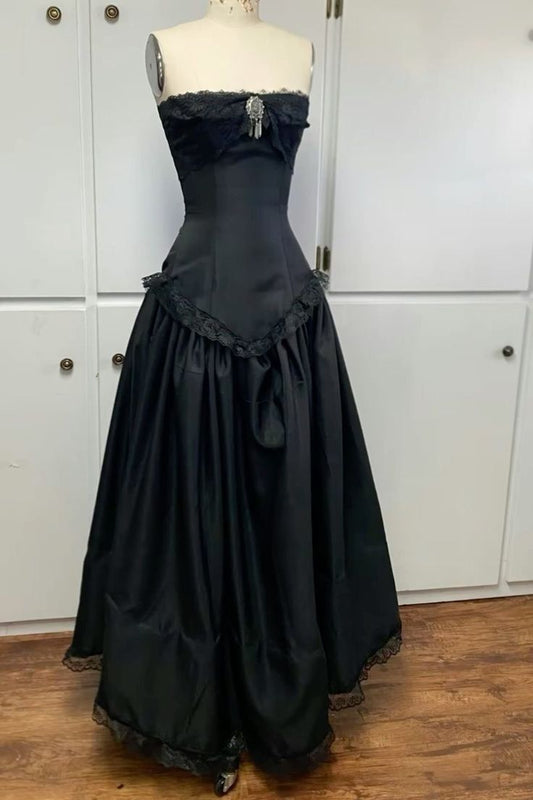 Black vintage fashion off the shoulder formal long satin formal prom dress evening gown gh3472