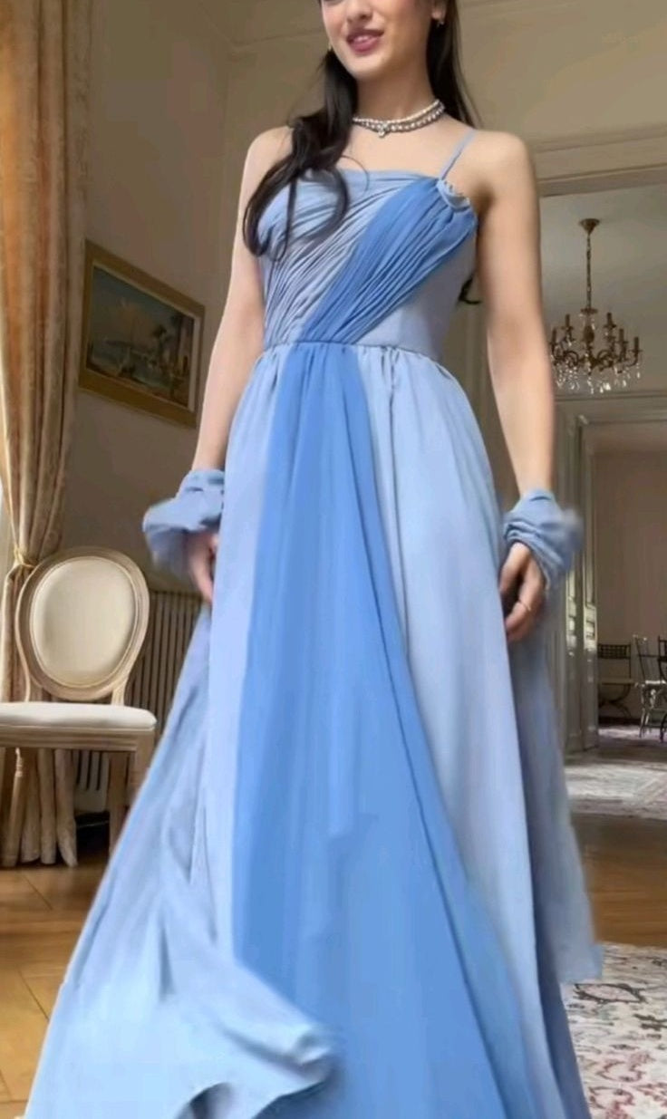 girlhomeshops-(Includes Scarf)Soft Blue Elegant Classic Dress Gradient Dress gh6327