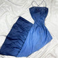 Robe de soirée longue en satin et tulle, élégante, style rétro, bleu, vintage, bretelles spaghetti, perles, robe de bal, gh3895