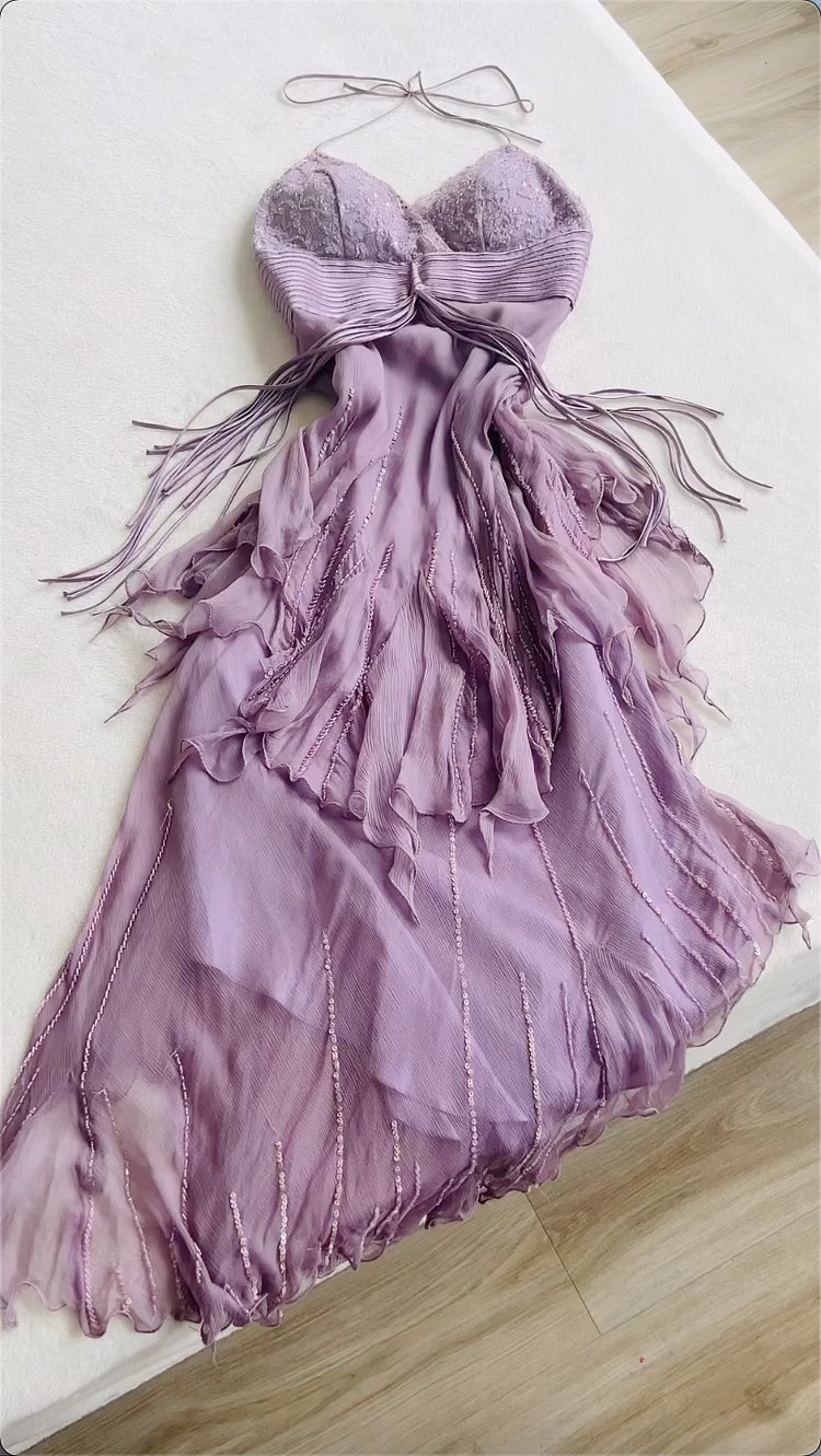 Robe de soirée longue en mousseline de soie, violette, élégante, décolleté en cœur, bretelles perlées, robe de bal, gh3822