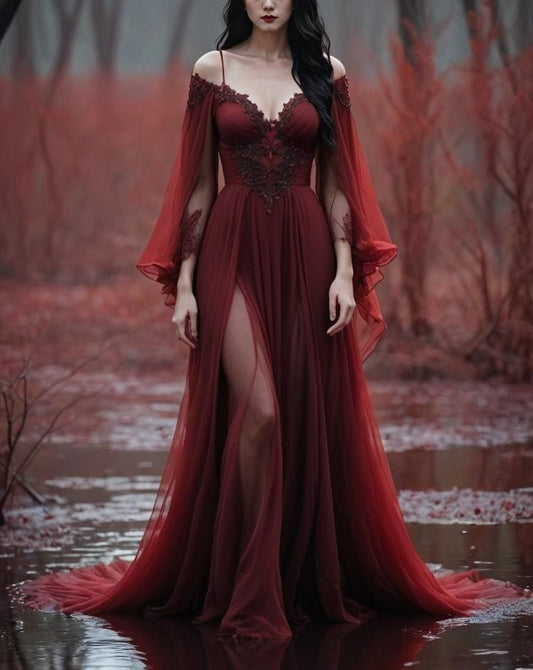 girlhomeshops-Langarm Tüll Bodenlang Schleppe Retro Elegant Ballkleid Abendkleid gh5943