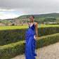 Blue v-neck low-cut hem ruffled slim long chiffon ball gown evening dress party dress gh3037