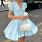 Girlhomeshops-Blue Sweet Fashion V-Neck Short Satin Homecoming Dress Birthday Party Dress gh5249