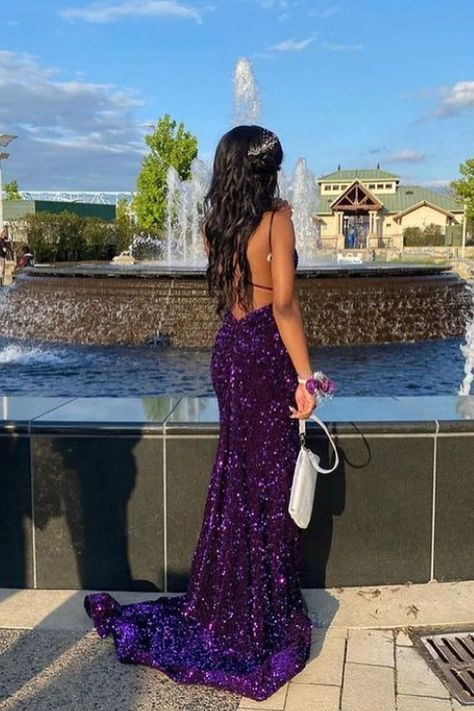 Robe de soirée longue et sexy à paillettes, dos nu, traîne longue, violette, brillante, gh3927