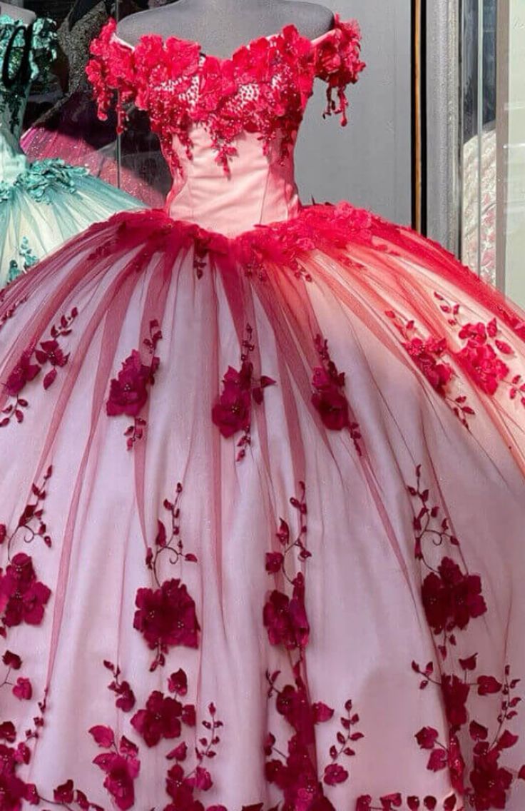 Robe de soirée en tulle rouge magnifique et exquise avec des appliques florales douces et longues gh3345
