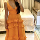 Orange Elegant Sexy V-neck Spaghetti Straps Long Chiffon Ruffles Ball Gown Evening Dress Party Dress gh3321
