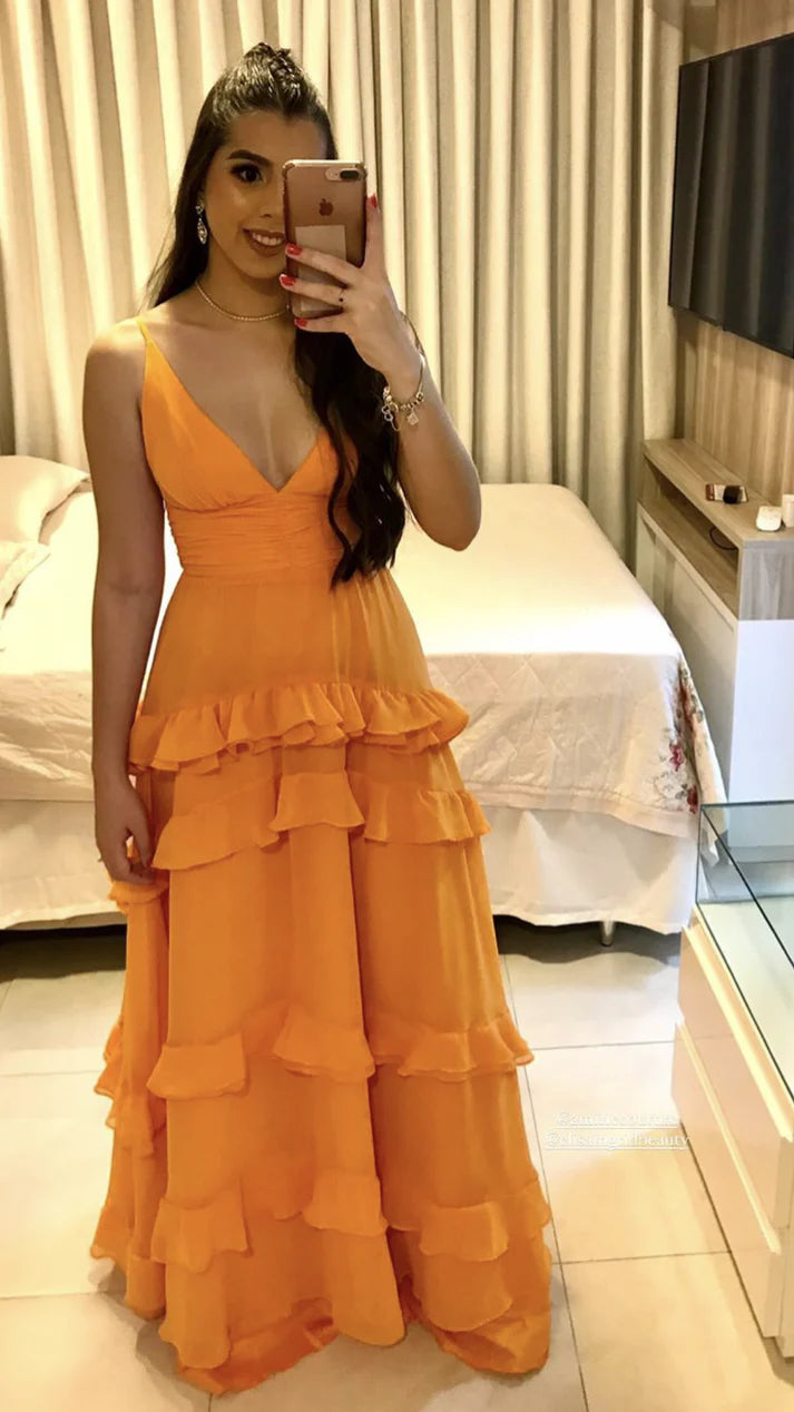 Orange Elegant Sexy V-neck Spaghetti Straps Long Chiffon Ruffles Ball Gown Evening Dress Party Dress gh3321