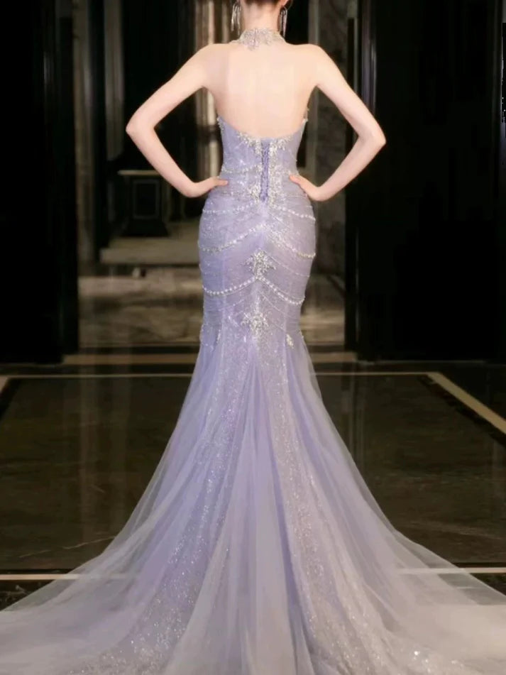 Blue gorgeous shiny beautiful off-shoulder exquisite beading long tulle mermaid slim fishtail skirt ball gown formal evening gown wedding dress gh3559