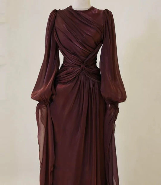 Burgundy Long Sleeve Evening Dress A-Line Prom Gown Party Dress gh4317