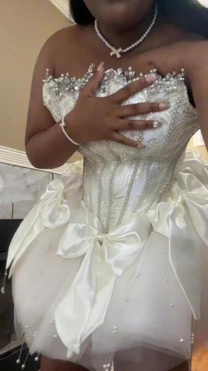 girlhomeshops--White/Pink Delicate Beaded Short Tulle Homecoming Dress gh5564