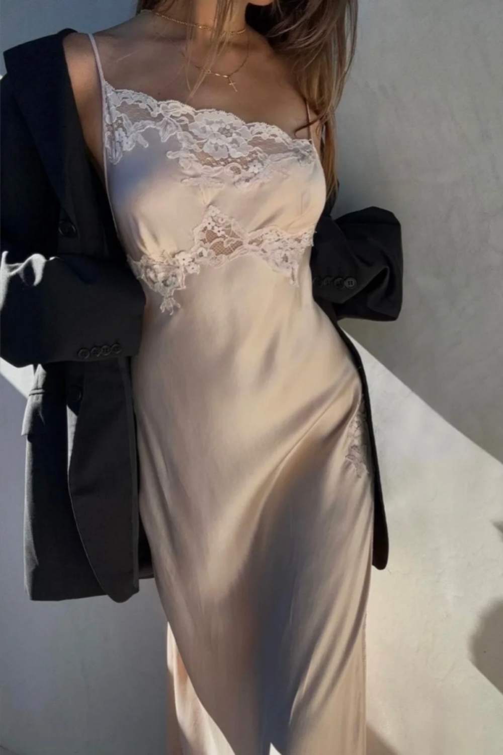 Girlhomeshops--Light pink sexy elegant lace long slit prom dress party dress gh5506