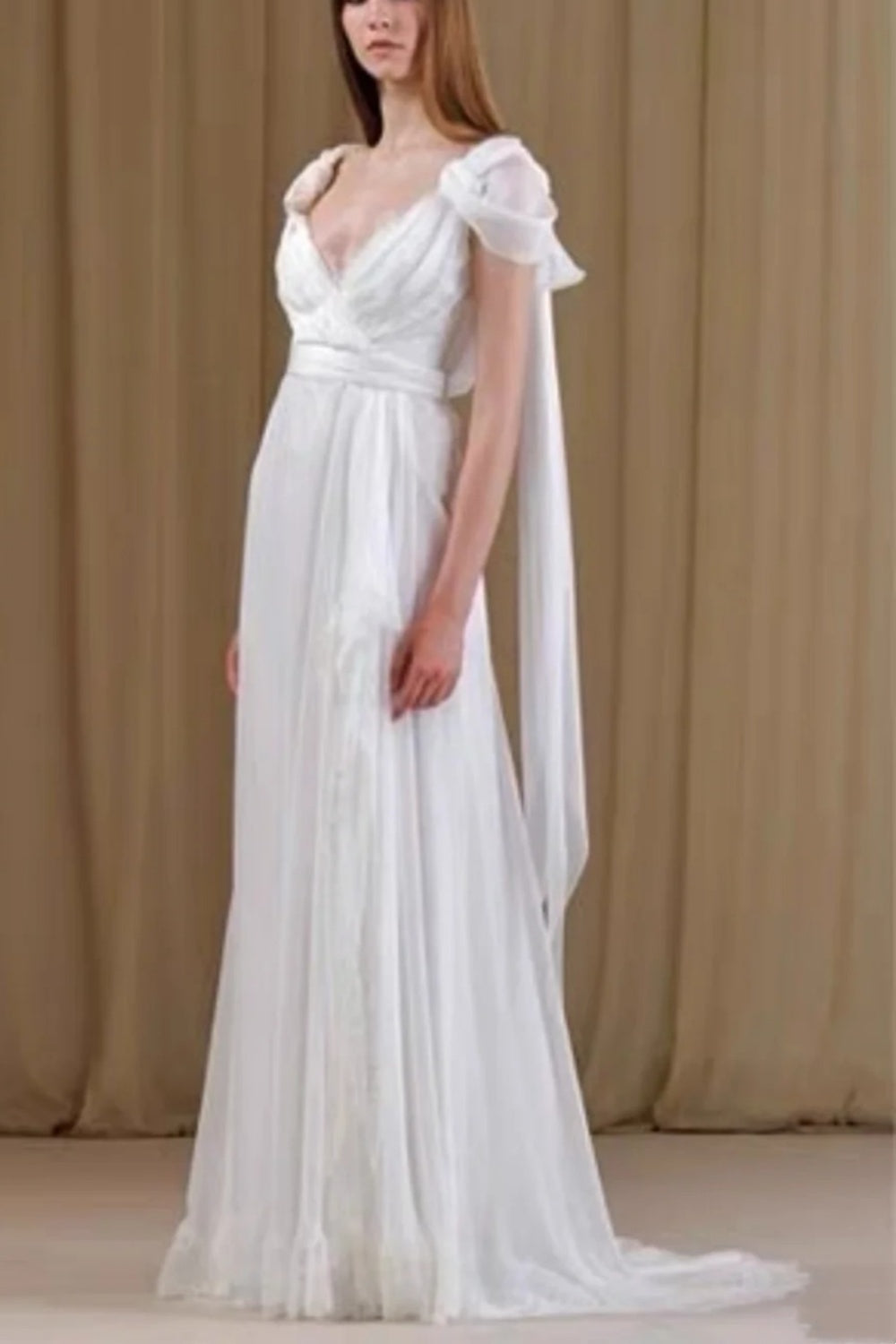girlhomeshops-White Chiffon Short Sleeve Floor-Length Train V-Neck Elegant Gown gh6310