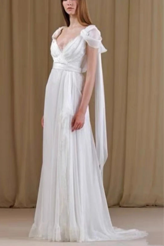 girlhomeshops-White Chiffon Short Sleeve Floor-Length Train V-Neck Elegant Gown gh6310