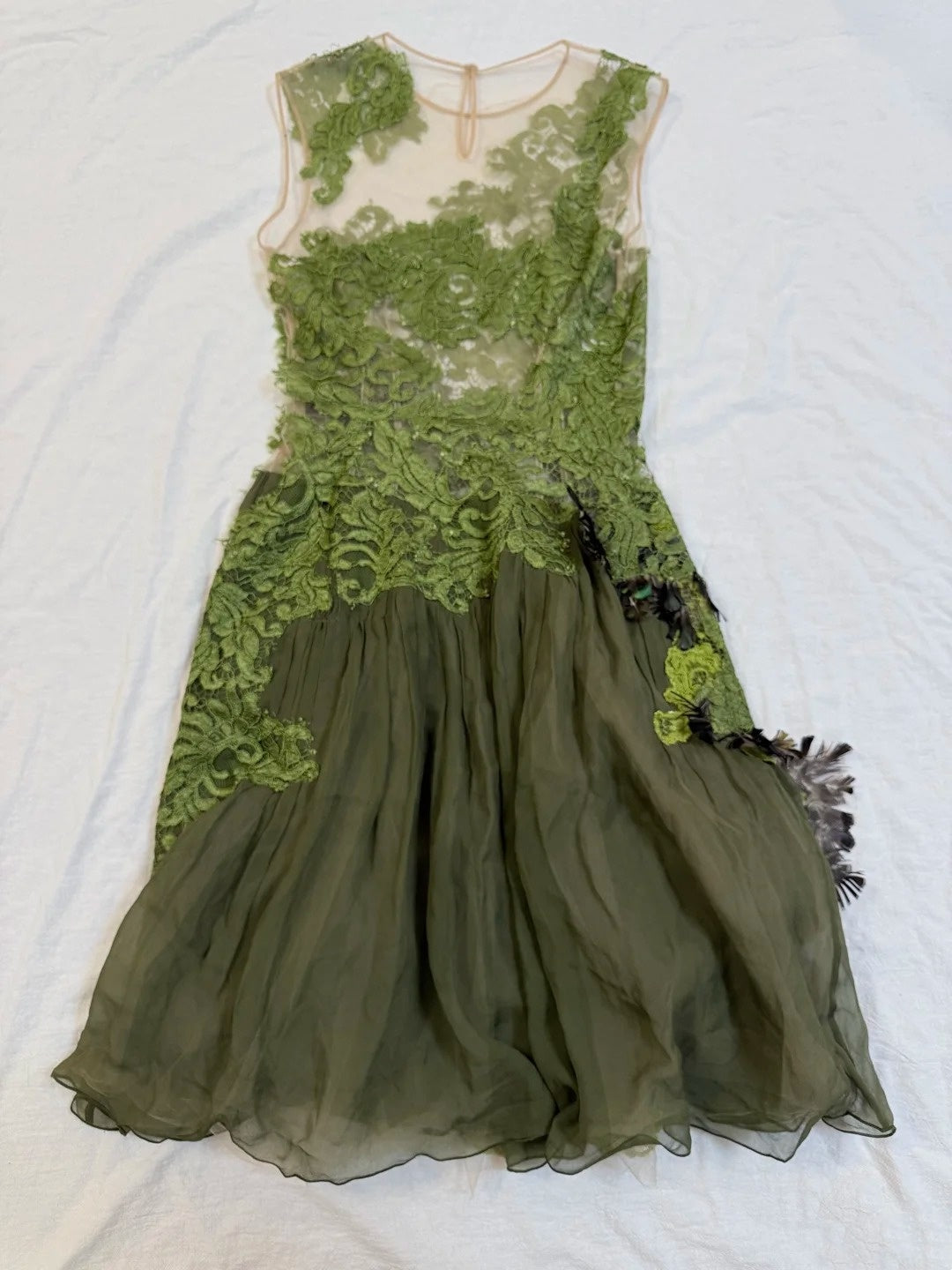 girlhomeshops-Olive Green Lace and Chiffon Paneled Sleeveless Midi Dress gh6311