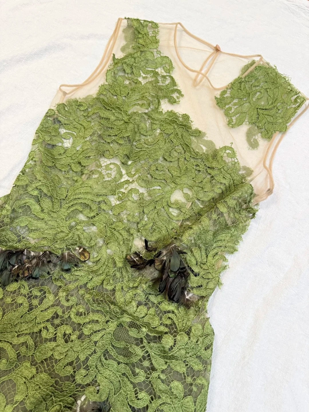 girlhomeshops-Olive Green Lace and Chiffon Paneled Sleeveless Midi Dress gh6311